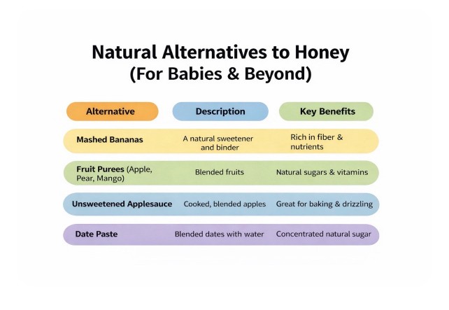 A quick chart of items parents can give to babies as honey replacement