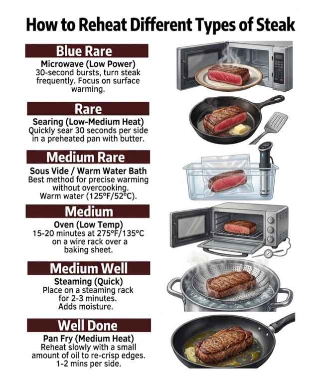 Reheating different types of steak