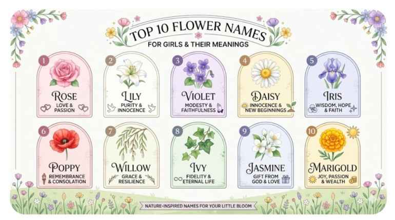 Infographic of the Top 10 flower names for girls and their meanings