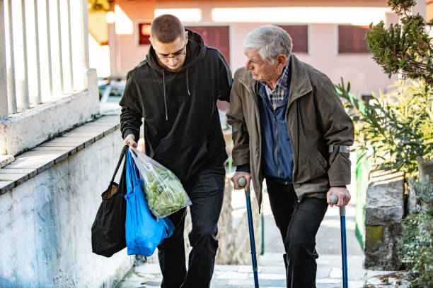 senior having grocery walk