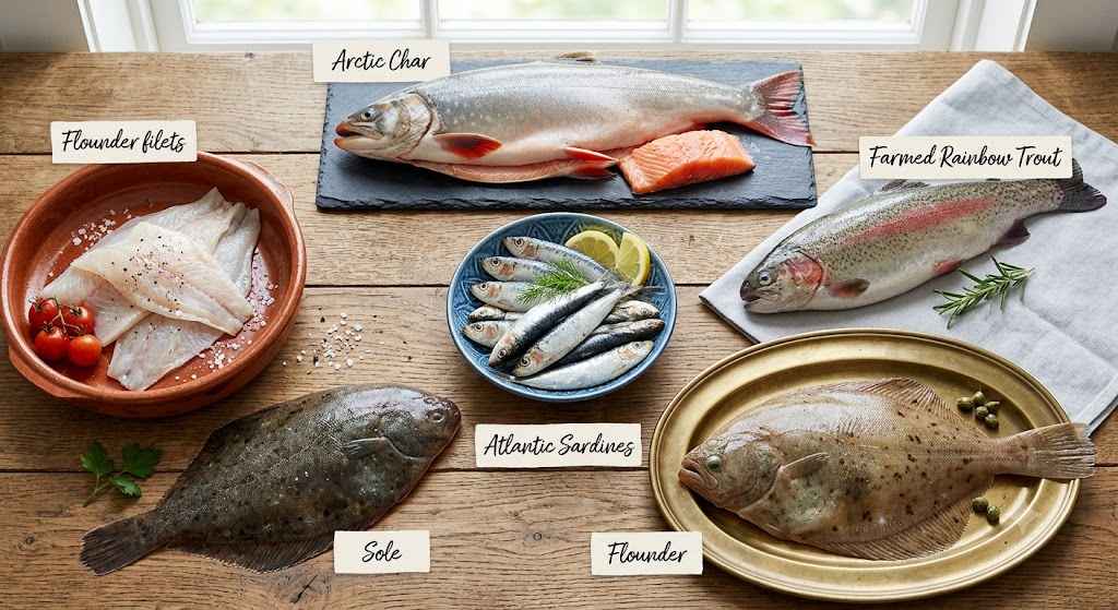 Farmed Rainbow Trout, Flounder, and Sole